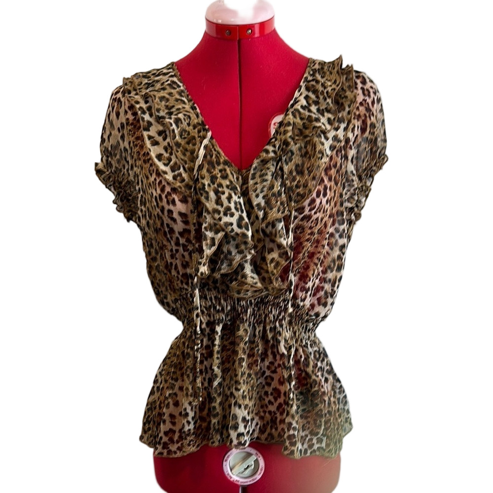 Brown Black Leopard Print Ruffled Peplum Blouse LL104